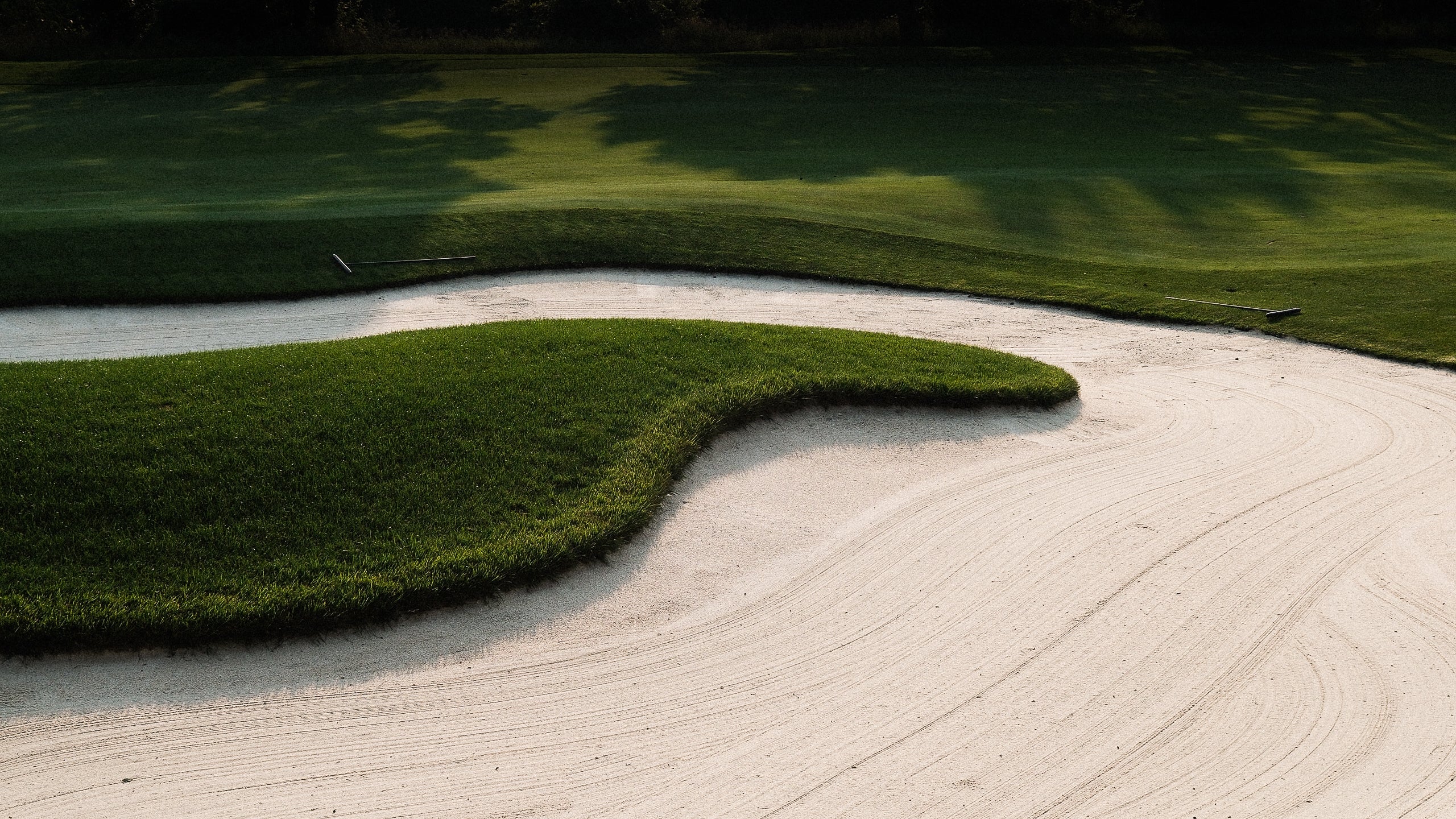 Golf bunker with green grass on a golf course